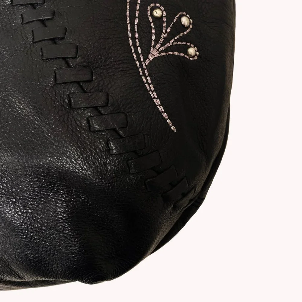 Fiore by Isabella Fiore Black Leather Studded Floral Hobo Bag Whipstitch Tassel